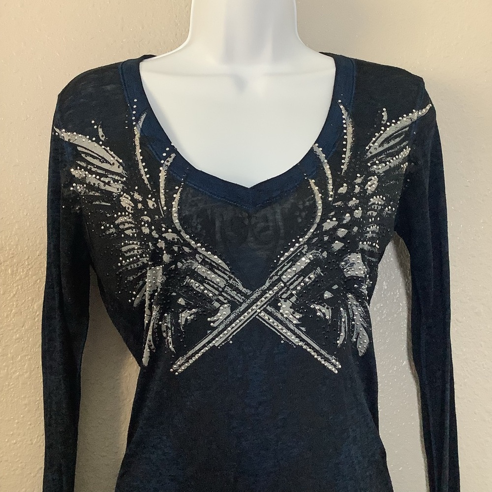 Vintage Y2K Rhinestone Angel Wing Pistol McBling Grunge Emo Scene Long Sleeve S - Picture 2 of 6
